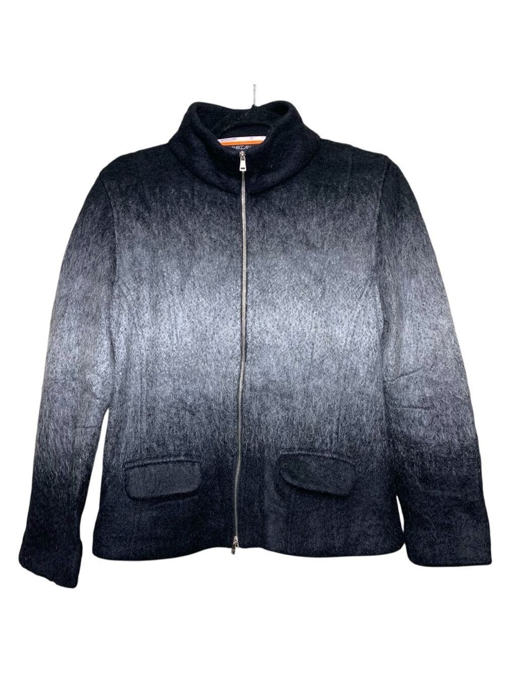 Marc Cain Knit Mohair Wool Cardigan Jacket Black Gray Fuzzy Fur Full Zip Sz 8
